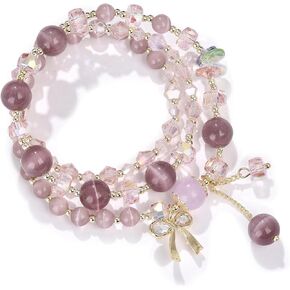 6mm Natural Real Jade Bracelet Green/Yellow/Red/Pink/Purple Jade Beaded Bracelet Multi Layered Healing Crystal Bracelet with Gourd Pendant for Women Birthday Gift