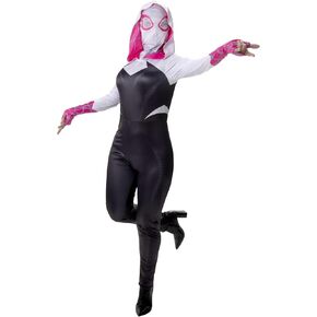 MARVEL Spider-Gwen Official Adult Halloween Costume - Premium Quality Hooded Jumpsuit with Pull On Fabric Mask