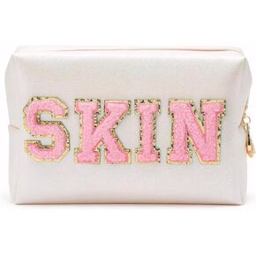 حقيبة مكياج Lcpadri للنساء، حقيبة مستحضرات التجميل Preppy Stuff Letter Pouch مع مقبض، مقاومة للماء ومحمولة من النايلون اللامع لتنظيم حقيبة أدوات الزينة للسفر مع سحاب، وردي in Kuwait