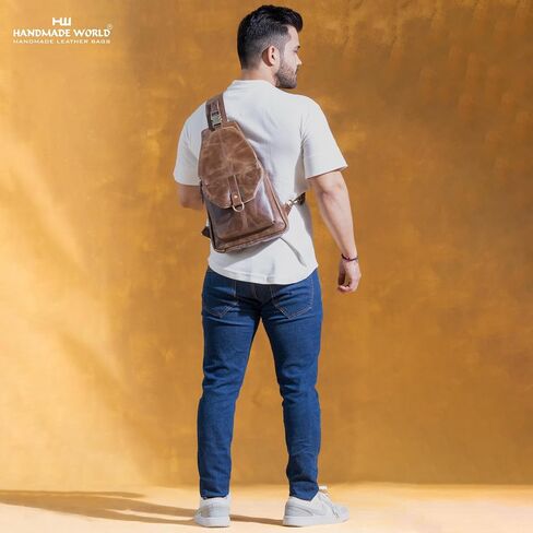 Handmade World Genuine Leather Crossbody Backpack Chest Shoulder Sling Bag Travel Hiking for Men Purse Daypack in Kuwait