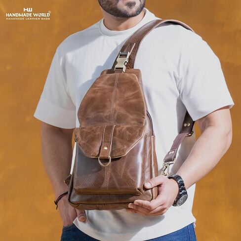 Handmade World Genuine Leather Crossbody Backpack Chest Shoulder Sling Bag Travel Hiking for Men Purse Daypack in Kuwait
