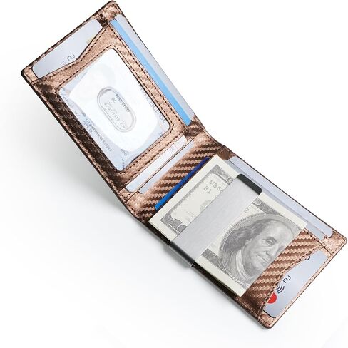 محفظة AZZS رفيعة ثنائية الطي للرجال مع مشبك نقود - حجب RFID، جيوب متعددة لبطاقات الائتمان - تصميم أنيق ومتعدد الاستخدامات - جلد طبيعي - مثالية للنقود والبطاقات (ألياف الكربون أسود - برتقالي) in Kuwait