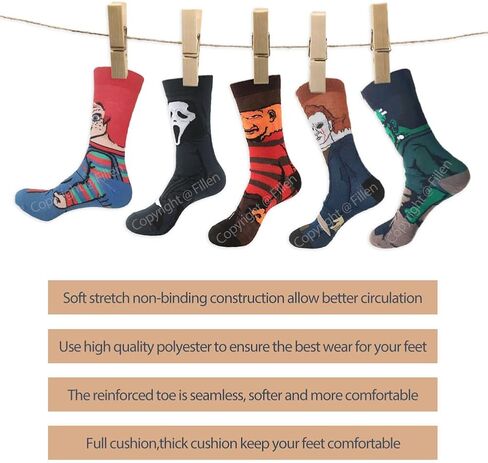 5 Pairs Classic Horror Movie Character Cartoon Socks Funny Novelty Scary Design Cotton Socks for Women Men Teen in Saudi Arabia