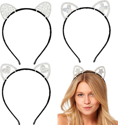 KICOSY 4 قطع من عصابات رأس آذان القطط اللامعة من حجر الراين عصابة رأس من كريستال آذان القطط للفتيات والنساء وعصابة رأس لآذان القطط والهالوين والكبار والأطفال في الحفلات التنكرية وإكسسوارات غطاء الرأس in Kuwait