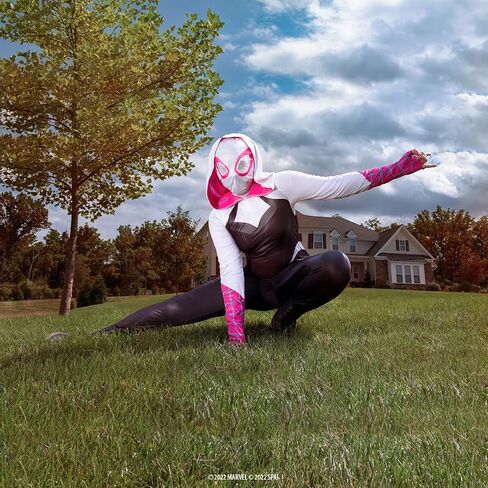 MARVEL Spider-Gwen Official Adult Halloween Costume - Premium Quality Hooded Jumpsuit with Pull On Fabric Mask in Saudi Arabia