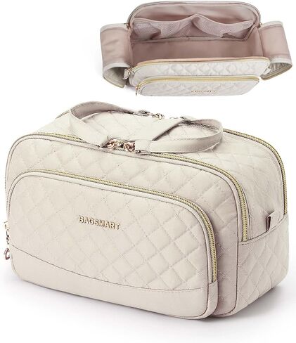 حقيبة مكياج للسفر من باغسمارت، حقيبة تنظيم حقيبة مستحضرات التجميل، حقيبة سفر محمولة للنساء لإكسسوارات السفر، حقيبة أدوات الزينة للمكياج مع سحاب مزدوج كبير مفتوح ومقبض أسود in Kuwait