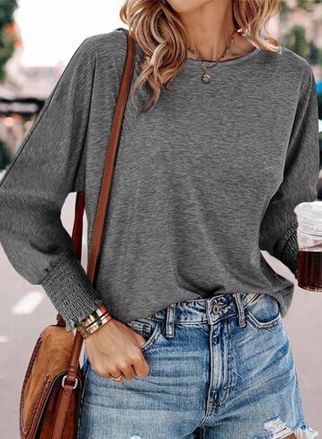 Dokotoo Long Sleeve Tops for Women 2024 Fashion T Shirts for Women Crewneck Casual Loose Shirts Basic Tee in Saudi Arabia