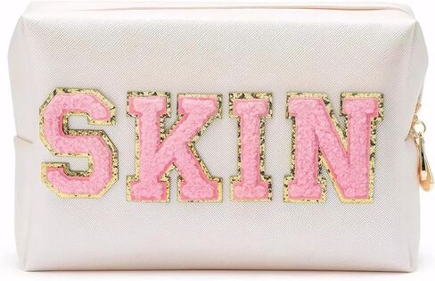 حقيبة مكياج Lcpadri للنساء، حقيبة مستحضرات التجميل Preppy Stuff Letter Pouch مع مقبض، مقاومة للماء ومحمولة من النايلون اللامع لتنظيم حقيبة أدوات الزينة للسفر مع سحاب، وردي in Kuwait