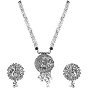 I Jewels Indian Festive Navratri Ethnic Silver Oxidised Long Necklace Jewellery With Earrings Set For Women