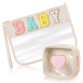 Hillban 2 Pcs Baby Bag Set for Boys & Girls Chenille Letter Bags Preppy Patch Makeup Bag Baby Travel Bags Waterproof Portable Toiletry Storage Bag for Women Girl (Baby Theme)