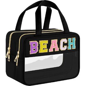 Chenille Letter Clear Makeup Bag, Preppy Cosmetic Bag Clear Snack Bags with Zipper, Stuff Bag Waterproof Sunscreen Bag Travel Toiletry Bag Cosmetic Pouch for Women and Girls (Plus Size, Black)