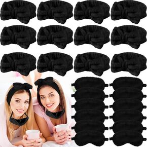 Jexine 24 Pcs Spa Headband Plush Sleep Eye Mask Bulk Bow Hair Band Makeup Headband for Washing Face Sleepover Party Supplies Sleeping Stuff Accessories for Single Party (Black,Simple Style)