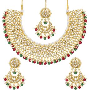 Aheli Wedding & Party Wear Faux Kundan Necklace Earrings with Maang Tikka Indian Traditional Bollywood Jewelry Set for Women