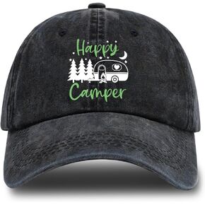 Happy Camper Adjustable Washed Cotton Baseball Cap, Funny Retro Trucker Hat Gift for Men Women Dad Mom Camping Lover