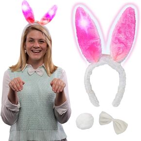 Easter Bunny Ears 3 pc Costume- Blinking LED Ears Headband, Bowtie & Tail Outfit, Great for Parties & Easter Basket Stuffers