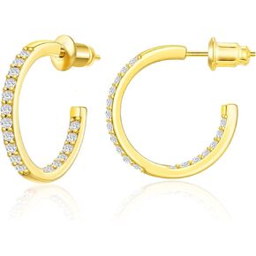 Womens Earring Hoop 14K Real Gold Plated Small Hoop Earrings for Women with Sterling Silver Post, Lightweight Gold Open Hoop Earrings for Women Trendy