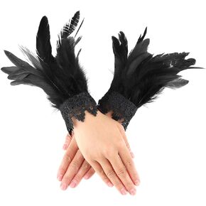 Women's Feather Wrist Cuffs Floral Lace Wings Bracelets Black Gothic Mesh Wristband for Cosplay Halloween Costume