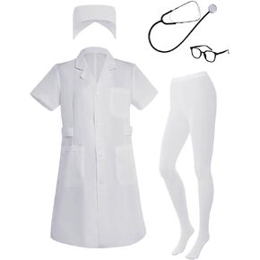Nurse Costume for Women White Lab Coat Doctor Costume Halloween Outfit Include Coat Hat Stethoscope Socks Glasses