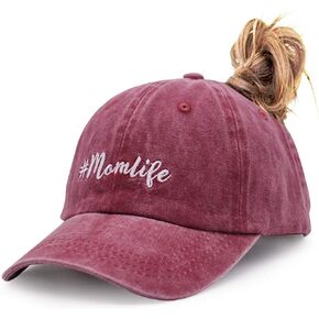 Mom Life Ponytail Baseball Cap Messy Bun Vintage Washed Distressed Twill Plain Hat for Women