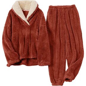 Women' s Fluffy Pajamas Set Fleece Sleepwear Warm Sherpa Pullover Pants Loose Plush Loungewear