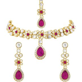 Aheli Traditional Gold Plated Kundan Beads Studded Choker Necklace Dangle Earrings & Maangtikka Set Ethnic Fashion Jewellery Gift for Women