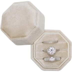Velvet Ring Box 3 Slots - Octagon Premium Handmade Three Rings Slot Bearer Storage for Wedding Ceremony, Proposal, Engagement, Photography (Beige)