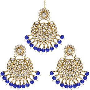 Aheli Exquisite Design Faux Kundan Beaded Earrings Maang Tikka Set Ethnic Indian Jewelry for Women