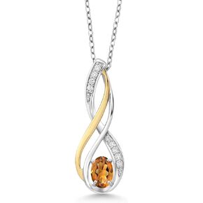 Gem Stone King 10K Yellow Gold and 925 Sterling Silver 6X4MM Oval Gemstone Birthstone and White Lab Grown Diamond Pendant Necklace for Women with 18 Inch Silver Chain