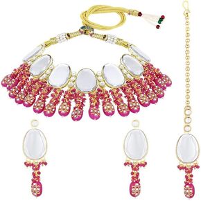 Aheli Traditional Gold Plated Kundan Studded Choker Necklace Earrings Maang Tikka Set Stylish Fashion Jewellery for Women