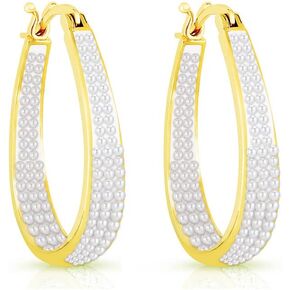 Savlano 14K Gold Plated Inside Out Crystal, Pearl Hoop Earrings- Oval Shape Earrings for Women Comes with Gift Box