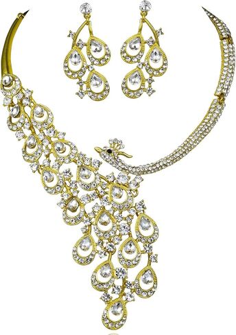 Peacock Clear White Austrian Rhinestone Crystal Bib Statement Necklace Earrings Set Jewelry Set Party Bridal Set Wedding Silver Gold N1391 in Kuwait