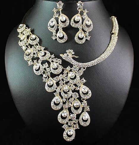 Peacock Clear White Austrian Rhinestone Crystal Bib Statement Necklace Earrings Set Jewelry Set Party Bridal Set Wedding Silver Gold N1391 in Kuwait