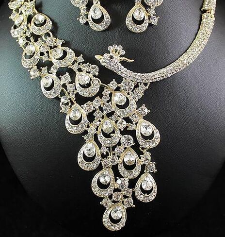 Peacock Clear White Austrian Rhinestone Crystal Bib Statement Necklace Earrings Set Jewelry Set Party Bridal Set Wedding Silver Gold N1391 in Kuwait
