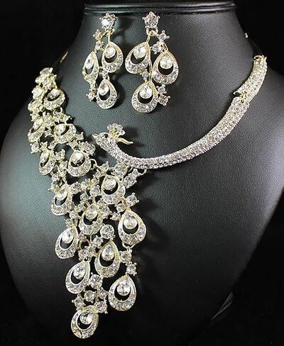 Peacock Clear White Austrian Rhinestone Crystal Bib Statement Necklace Earrings Set Jewelry Set Party Bridal Set Wedding Silver Gold N1391 in Kuwait