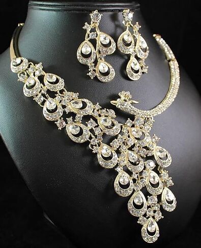 Peacock Clear White Austrian Rhinestone Crystal Bib Statement Necklace Earrings Set Jewelry Set Party Bridal Set Wedding Silver Gold N1391 in Kuwait