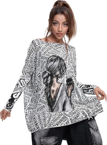 ellazhu Women's Off-Shoulder Long-Sleeved Cute Newspaper Printed Pullover Oversized Sweater Shirt GY2754 in Saudi Arabia