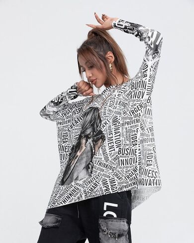 ellazhu Women's Off-Shoulder Long-Sleeved Cute Newspaper Printed Pullover Oversized Sweater Shirt GY2754 in Saudi Arabia