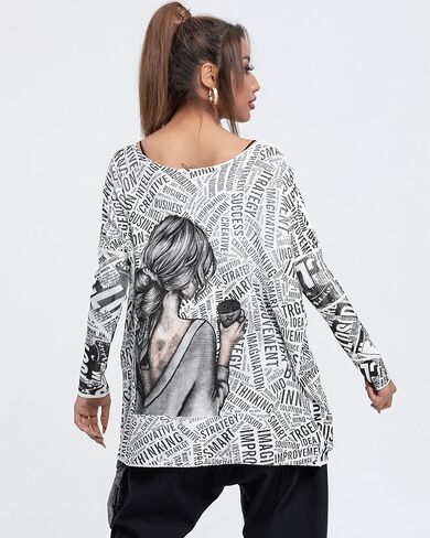 ellazhu Women's Off-Shoulder Long-Sleeved Cute Newspaper Printed Pullover Oversized Sweater Shirt GY2754 in Saudi Arabia