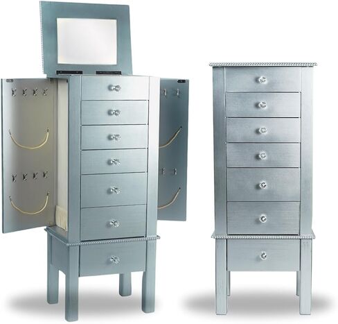 Hives and Honey Hannah Jewelry Armoire - Modern Silver Storage Organizer with Divided Drawers and Necklace Hooks - French-Inspired Design with Jewel-Like Pulls - Anti-Tarnish Felt Lining in Saudi Arabia