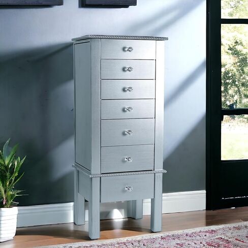 Hives and Honey Hannah Jewelry Armoire - Modern Silver Storage Organizer with Divided Drawers and Necklace Hooks - French-Inspired Design with Jewel-Like Pulls - Anti-Tarnish Felt Lining in Saudi Arabia