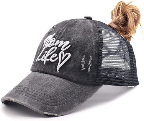 Mom Life Ponytail Baseball Cap Messy Bun Vintage Washed Distressed Twill Plain Hat for Women in Kuwait