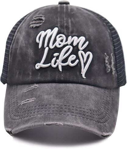 Mom Life Ponytail Baseball Cap Messy Bun Vintage Washed Distressed Twill Plain Hat for Women in Kuwait