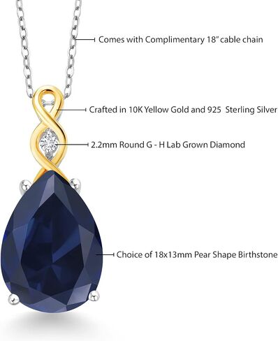 Gem Stone King 925 Sterling Silver & 10K Yellow Gold Gemstone Birthstone and Lab Grown Diamond Necklace | Teardrop Necklace For Women | By Keren Hanan | With 18 Inch Chain in Saudi Arabia