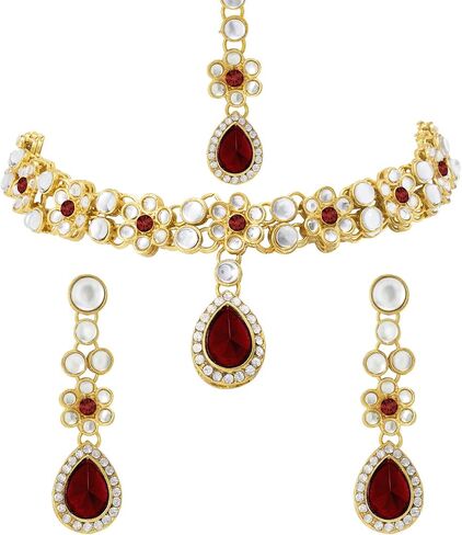 Aheli Traditional Gold Plated Kundan Beads Studded Choker Necklace Dangle Earrings & Maangtikka Set Ethnic Fashion Jewellery Gift for Women in Saudi Arabia