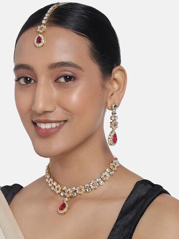 Aheli Traditional Gold Plated Kundan Beads Studded Choker Necklace Dangle Earrings & Maangtikka Set Ethnic Fashion Jewellery Gift for Women in Saudi Arabia