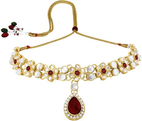Aheli Traditional Gold Plated Kundan Beads Studded Choker Necklace Dangle Earrings & Maangtikka Set Ethnic Fashion Jewellery Gift for Women in Saudi Arabia