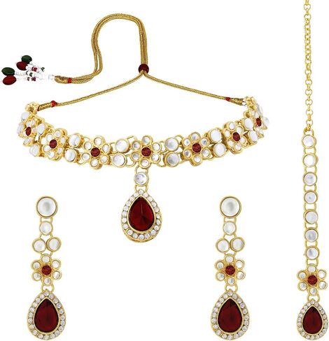 Aheli Traditional Gold Plated Kundan Beads Studded Choker Necklace Dangle Earrings & Maangtikka Set Ethnic Fashion Jewellery Gift for Women in Saudi Arabia