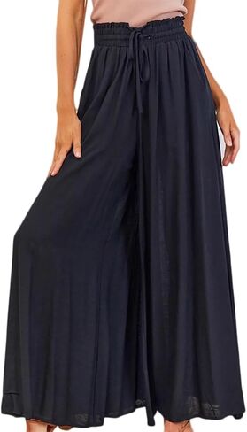 Pasgreson Women's Casual Wide Leg Pants Flowy Ruffle Elastic Drawstring Waist Beach Palazzo Loose Pants with Pockets in Saudi Arabia