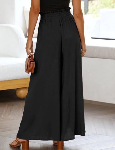Pasgreson Women's Casual Wide Leg Pants Flowy Ruffle Elastic Drawstring Waist Beach Palazzo Loose Pants with Pockets in Saudi Arabia