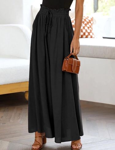 Pasgreson Women's Casual Wide Leg Pants Flowy Ruffle Elastic Drawstring Waist Beach Palazzo Loose Pants with Pockets in Saudi Arabia